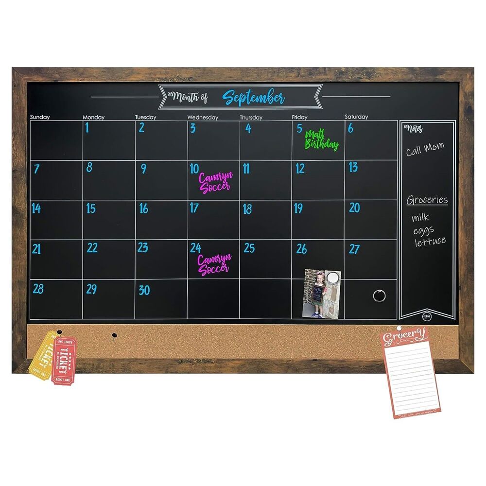Loddie Doddie Magnetic Chalkboard Calendar 36x24 Rustic Frame Cork Board NEW